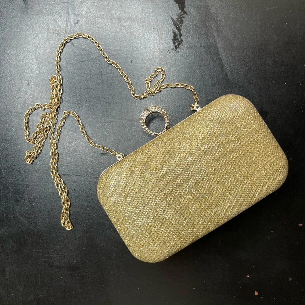 Gold Glitter Rectangle Clutch with Chain Strap